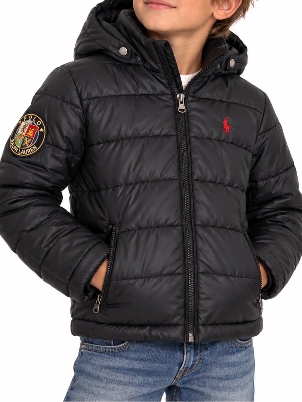 Polo Ralph Lauren Black Puffer Jacket Hooded Crest Patch Boys Size 8